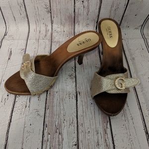 Guess gold and wood heels